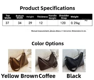 Detailed size chart and color options for large PU leather crossbody tote bag