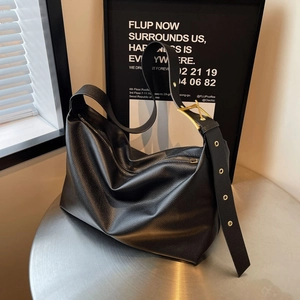 Classic black litchi grain hobo bag with large capacity and golden metal buckle details