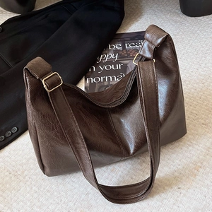 Vintage PU Leather Large Capacity Shoulder Bag Wide Adjustable Strap Hobo Tote Crossbody Bag For Women
