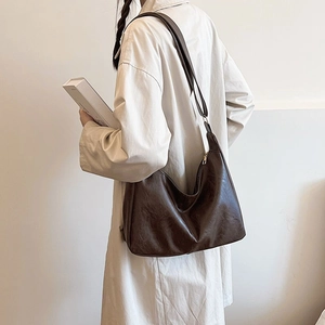 Deep brown vintage leather hobo bag for women, large capacity retro style shoulder tote