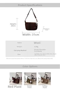Detail of plaid wool tote bag showing dimensions and red, green, coffee color options