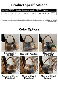 Size chart for plaid wool handbag with plush texture and color options in blue or brown