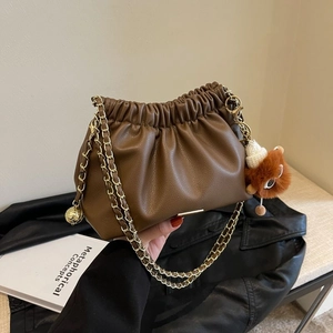 Women Fashion Pleated Ruched Cloud Pouch Bag Soft PU Leather Gold Chain Crossbody Shoulder Bag Mini Bucket Bag