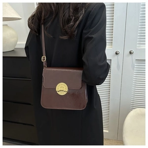 Detail of a dark brown vintage box bag featuring a golden circular textured metal lock