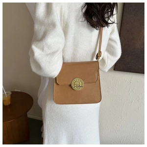 Close-up of brown square crossbody bag with ornate gold metal buckle worn by a model