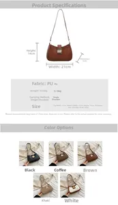 Detailed size chart and multi-color options for woven PU leather retro shoulder bag
