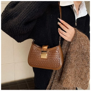 Detail of a brown woven shoulder bag with golden metallic buckle and retro leather strap
