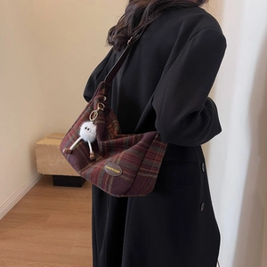 Retro plaid wool tote bag with plush ball charm and autumn-winter hobo style design