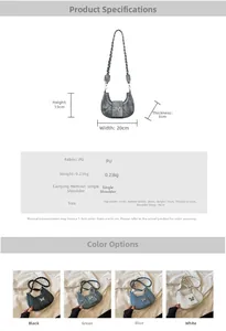 Detailed size specifications and color comparison of butterfly denim shoulder bags