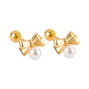 Elegant French style bow pearl earrings with gold plating and secure screw back closures