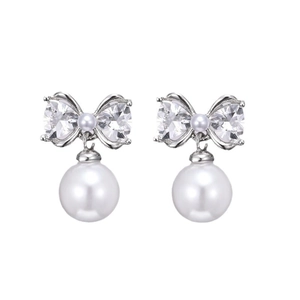 Elegant bow knot pearl earrings with sparkling zircon crystals in a silver finish