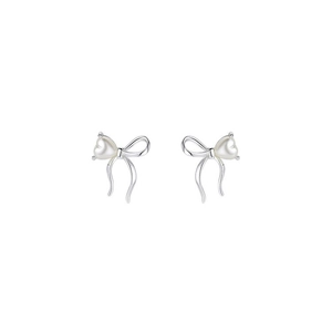 Elegant bow stud earrings with heart pearl accents in silver metal finish for women