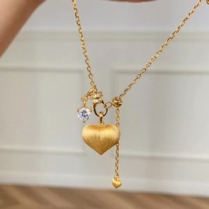 Heart Pendant Necklace Copper Brushed Metal Zirconia Inlay Vintage Luxury Aesthetic Jewelry For Women
