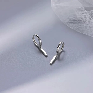 Minimalist silver geometric hoop earrings with polished bar pendants for women