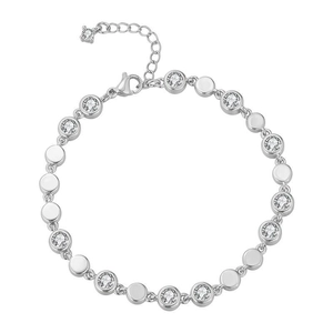 Detail view of round cubic zirconia and silver metal plates on vintage style bracelet