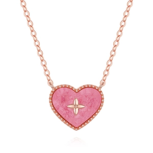 Detail of rose gold S925 silver necklace with pink shell heart and clover motif