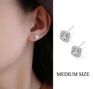 Medium size silver geometric square stud earrings with halo micro-pave crystals