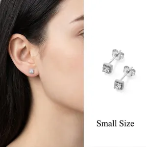 Minimalist square halo stud earrings with micro-set diamonds and silver finish for women