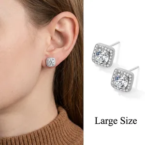 Minimalist square halo stud earrings with micro-paved zircons in silver finish, large size
