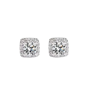 Minimalist square halo stud earrings with brilliant round center stone and pave accents