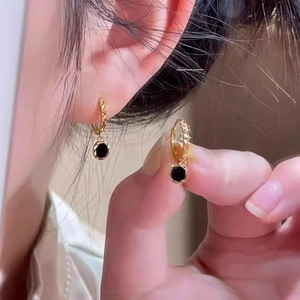 Brass Hoop Earrings With Black Round Pendant Gold Plated Textured French Retro Style Elegant Jewelry For Women