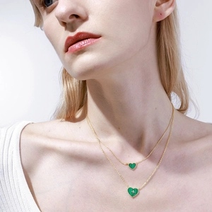 S925 sterling silver layered necklace featuring green shell heart pendants for women