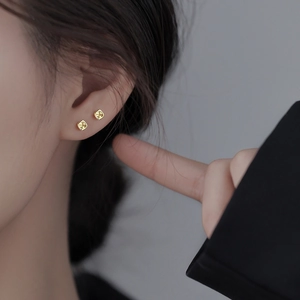 Square Stud Earrings Copper Yellow Zircon Geometric Simple Luxury Ear Jewelry For Women Fashion All-Match