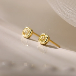 Elegant gold square stud earrings featuring sparkling yellow crystal cubes for women