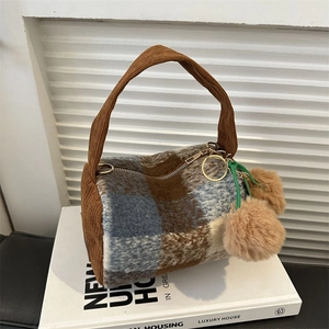 Women Mini Boston Bag Plaid Plush Corduroy Cylindrical Pillow Shape Zipper Crossbody Handbag Autumn Winter Fashion