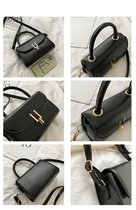 Detailed views of black leather shoulder bag showing golden U-shaped clasp and hardware