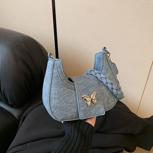 Women Butterfly Crescent Shoulder Bag PU Denim Fabric Braided Strap Metal Buckle Vintage Fashion Hobo Bag