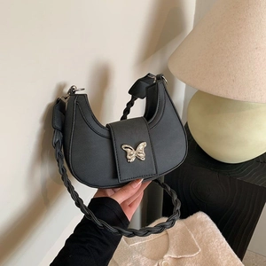 Black PU leather hobo shoulder bag with silver butterfly and woven strap