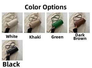 Detailed view of cylindrical crossbody bags in white, khaki, green, brown, and black