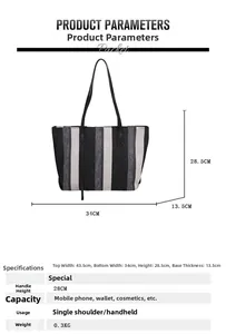 Specifiche dettagliate delle dimensioni per borsa tote in tela a righe con misure