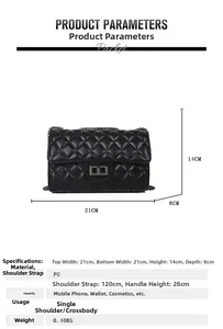 Detail showing 21x14x8cm dimensions for the black quilted leather chain bag