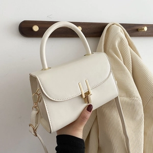 Elegant cream white PU leather square shoulder bag with gold metal buckle and top handle