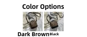 Detail view showing dark brown and black leopard print round bucket bags with leather straps