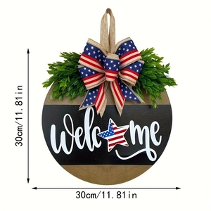 Detailansicht des 30cm Holz-Willkommensschilds mit US-Flagge-Schleife und Maßen