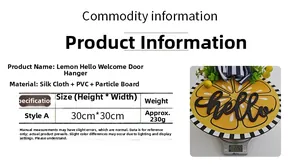 Macro detail of 30cm lemon welcome sign showing size, material and 230g weight specs