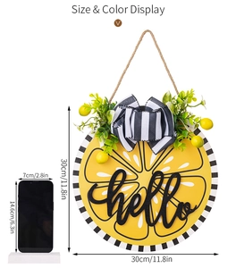 Size display of a 30cm lemon wooden welcome sign with hello text and greenery decoration