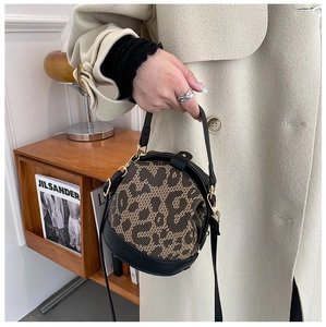 Detail of vintage leopard print round handbag with gold clasp and leather strap