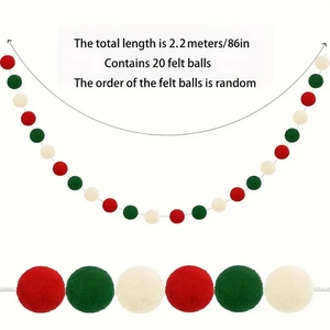2.2m Christmas felt ball garland with 20 red green white balls for festive home decor