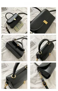 Detailed views of vintage black crossbody bag with gold metal handle and lock closure