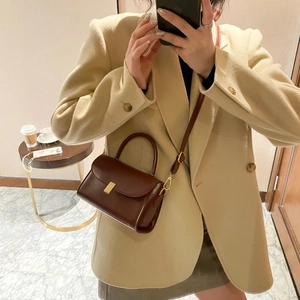 Retro brown rectangular crossbody bag with gold buckle shown in a mirror selfie