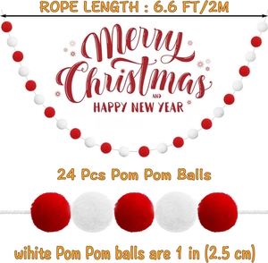 Detail of red and white felt pom pom garland showing a close-up of soft fiber wool balls