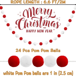 Christmas Red and White Felt Ball Garland 2M with 24 Soft Poms for Festive Decor