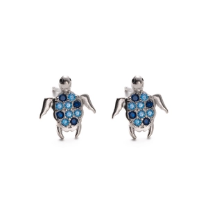 Exquisite silver turtle stud earrings with blue micro-paved zircons on white background