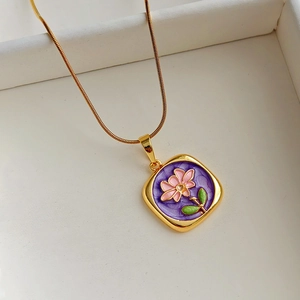 French vintage gold snake chain necklace with purple enamel floral square pendant