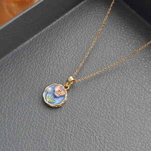 Vintage rose oil painting pendant necklace with blue enamel and pearl accent on gold chain
