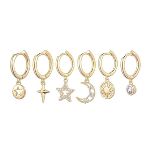 6-piece gold earring set featuring celestial stars, moon, and sun charms with zircon stones